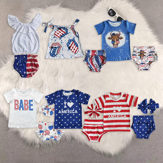 RTS NO MOQ baby girls clothes 4th of july short sleeve briefs sets