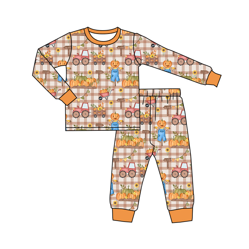 5.18custom each style moq 5eta 4-5week Sibling Sister pumpkin Farm cart prints orange girls outfits and baby romper match family design