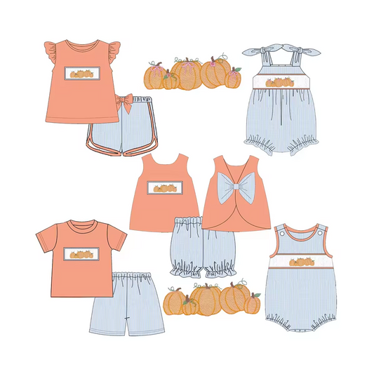 5.21custom each style moq 5eta 4-5week Sibling Sister pumpkin print orange girls and boys outfits and baby romper match family design