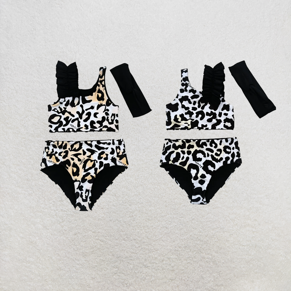 RTS NO MOQ Sibling Baby Girls Leopard Print 3pcs Swimsuits