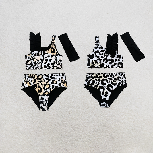 RTS NO MOQ Sibling Baby Girls Leopard Print 3pcs Swimsuits