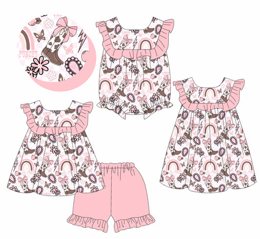 3.25 custom each style moq 5eta 4-6week Sibling Sisters boot bow baby girl short sleeve shorts sets and dress and rompers match family design