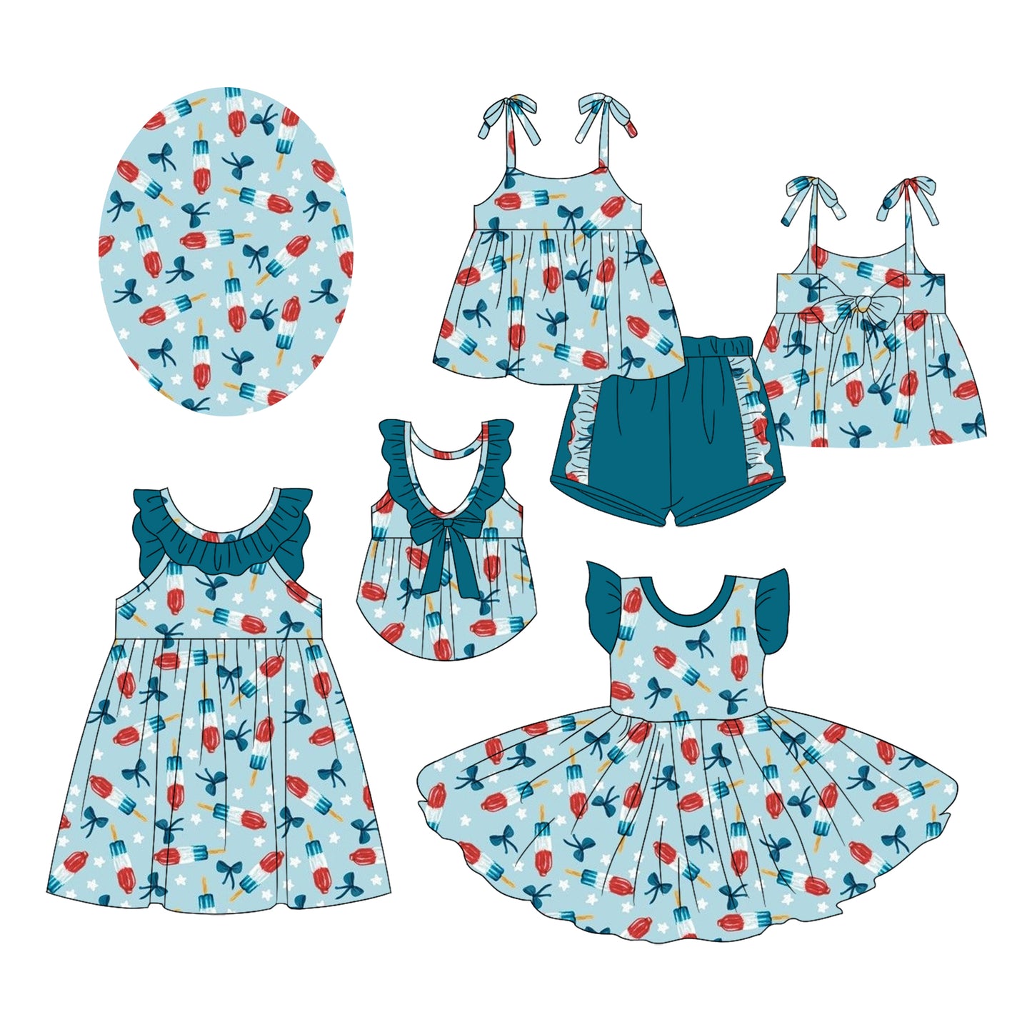 3.4 custom each style moq 5eta 4-6week Sibling Sister bow baby girl short sleeve shorts sets and dress and dress 2 match design