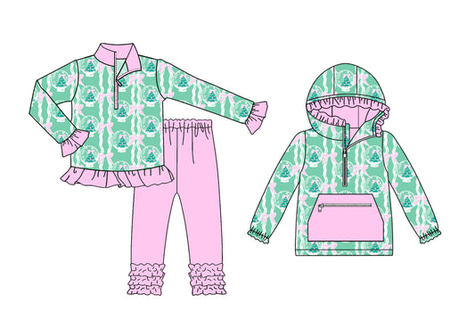 25.8.20 custom each style moq 5eta 4-6week Sibling Sisters Christmas trees bow baby girl long sleeve pants sets and top match family design