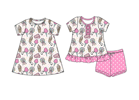 4.9 custom each style moq 5eta 4-6week Sibling Sister ice cream floral baby girl short sleeve shorts sets and dresses match design