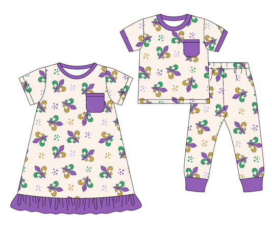 25.9.19 custom each style moq 8 eta 6-8week Sibling Sisters mardi gras baby girl short sleeve pants sets and dress match family design