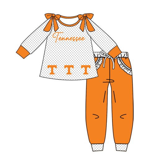 Custom moq 5 mix size milk silk summer teams baby girl clothes orange long sleeve pants sets-25.10.14