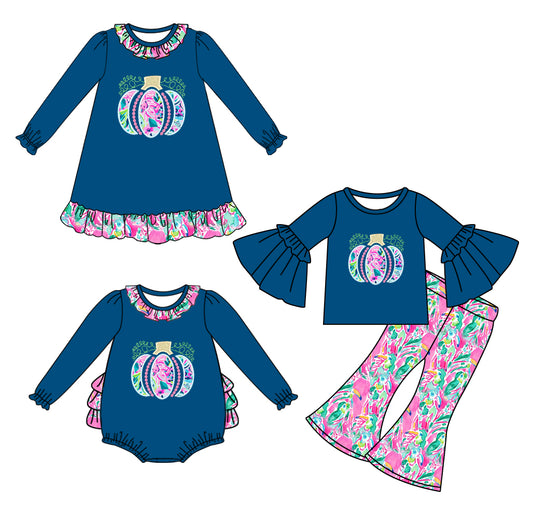 25.7.17 custom each style moq 5eta 4-6week Sibling Sisters pumpkin baby girl long sleeve pants sets and dress and rompers match family design