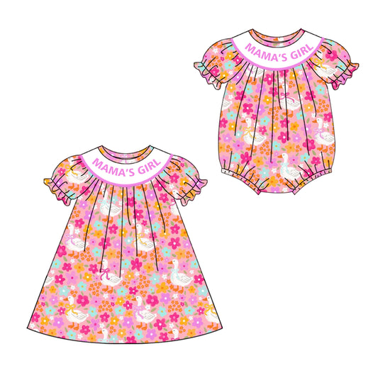 4.19 custom each style moq 5eta 4-6week Sibling Sisters MAMA GIRL goose floral baby girl short sleeve dress and rompers match family design