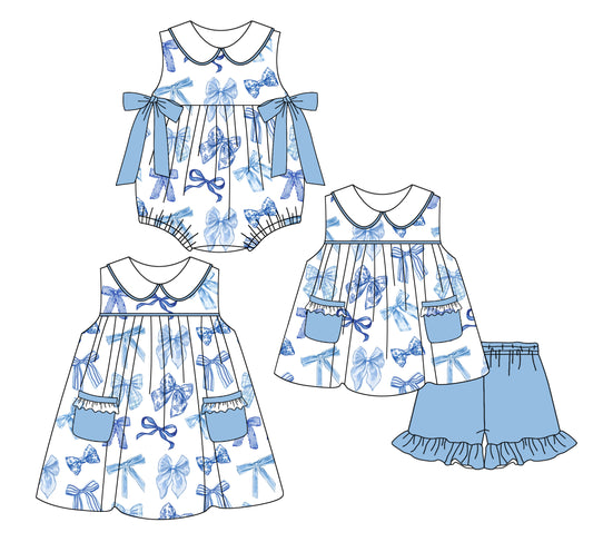 2.24 custom each style moq 5eta 4-6week Sibling Sisters bow baby girl short sleeve shorts sets and dress and rompers match family design