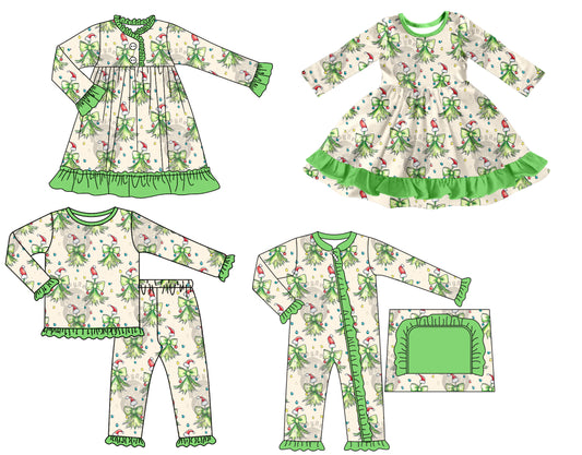 25.7.26 custom each style moq 5 eta 4-6week Sibling Sisters Christmas bow baby girl long sleeve pants sets and romper and dress 1 and dress 2 match family design