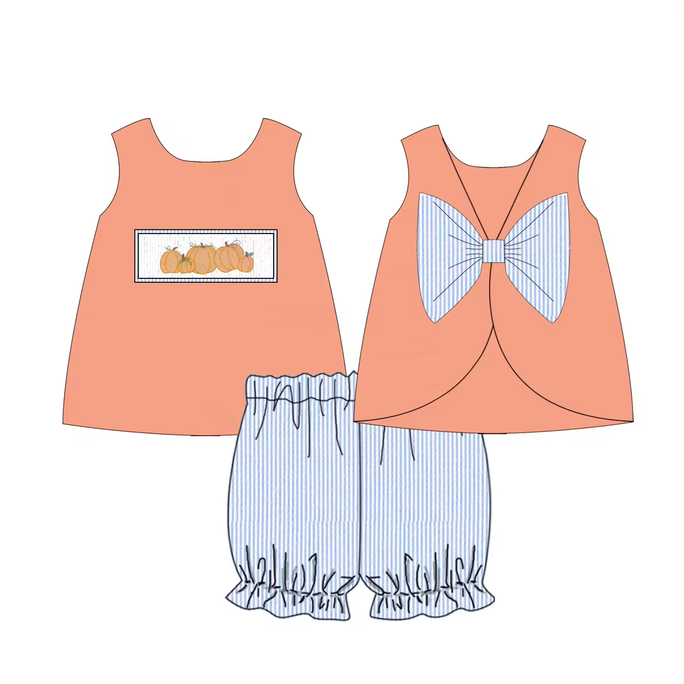 5.21custom each style moq 5eta 4-5week Sibling Sister pumpkin print orange girls and boys outfits and baby romper match family design