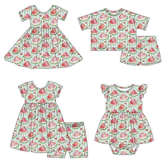 4.14 custom each style moq 5eta 4-6week Sibling Sisters watermelon baby girl short sleeve shorts sets 1 and sets 2 and dress and rompers match family design