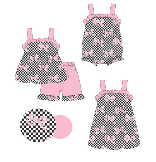 4.2 custom each style moq 5eta 4-6week Sibling Sisters bow plaid baby girl short sleeve shorts sets and dress and rompers match family design