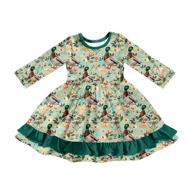 8.7 custom each style moq 5eta 4-6week baby girls clothes ducks green long sleeve dress