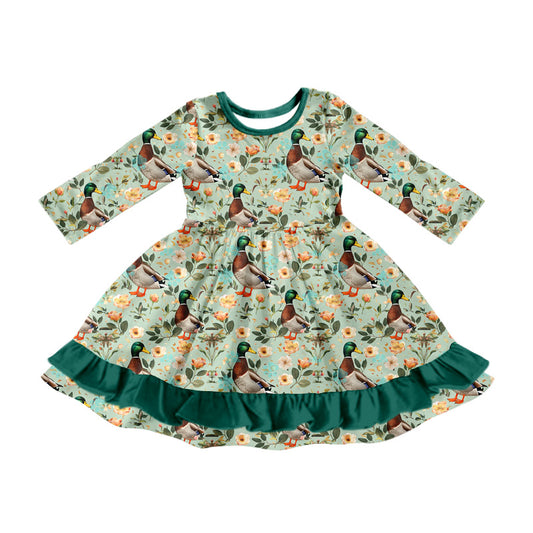 8.7 custom each style moq 5eta 4-6week baby girls clothes ducks green long sleeve dress