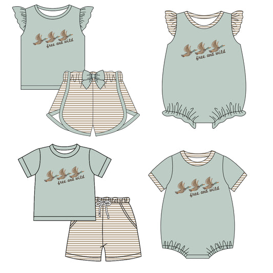 11.28 custom each style moq 5eta 4-6week Sibling Sister duck baby girl short sleeve shorts sets and sets 2 and girls romper and boy romper match design