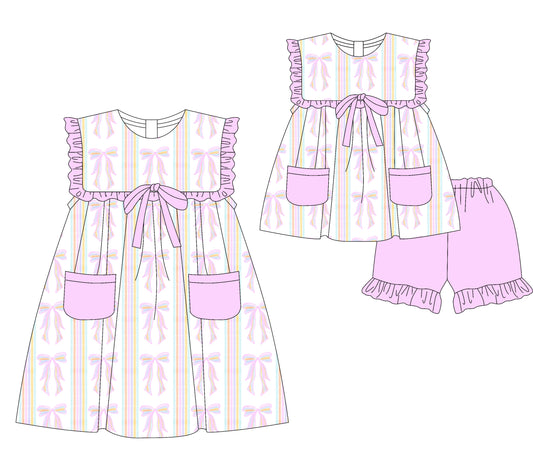4.1 custom each style moq 5eta 4-6week Sibling Sister bow baby girl short sleeve shorts sets and dresses match design