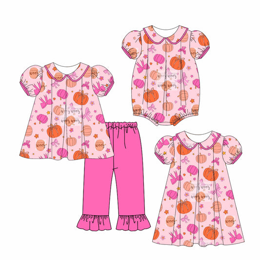 4.28 custom each style moq 5eta 4-6week Sibling Sisters bow pumpkin baby girl short sleeve pants sets and dress and romper match family design
