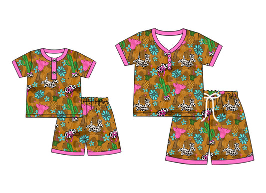 4.21 custom each style moq 5eta 4-6week Sibling Sister catcus short sleeve shorts sets and adult sets match design
