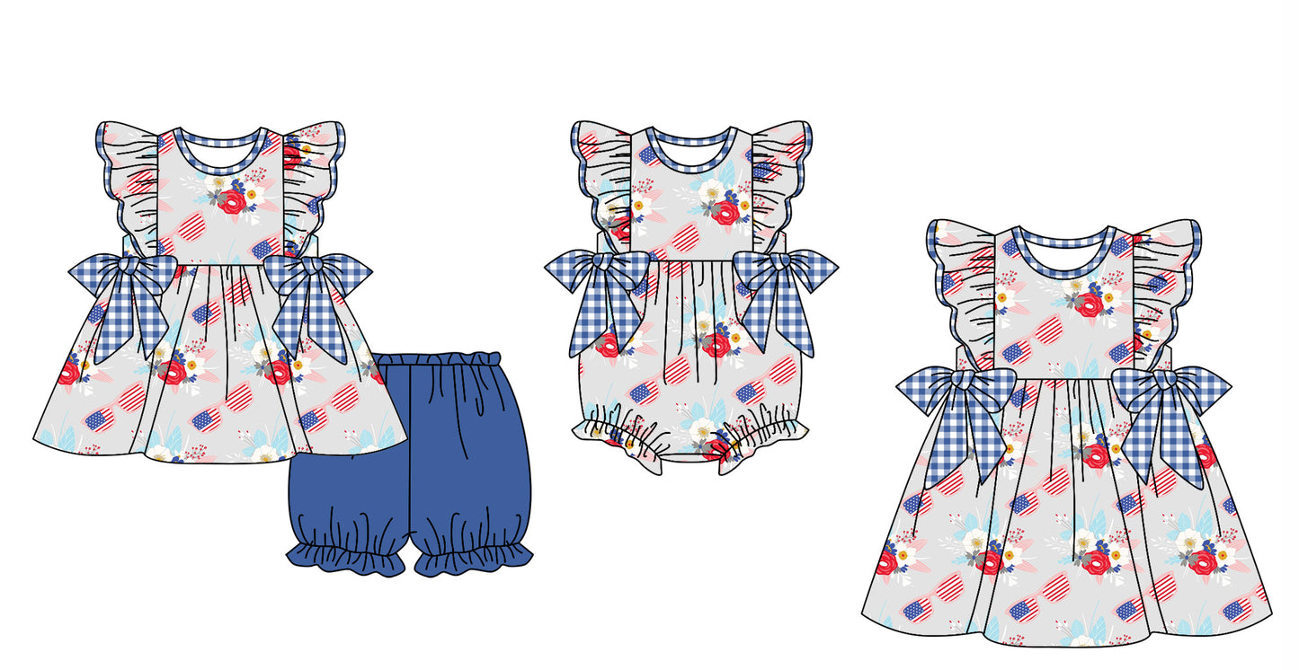 11.27 custom each style moq 5eta 4-6week Sibling Sister 4th of july floral baby girl short sleeve shorts sets and dress and rompers match family design