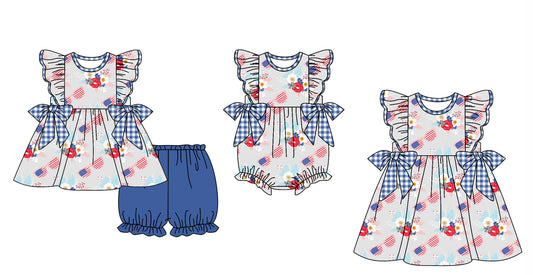 11.27 custom each style moq 5eta 4-6week Sibling Sister 4th of july floral baby girl short sleeve shorts sets and dress and rompers match family design