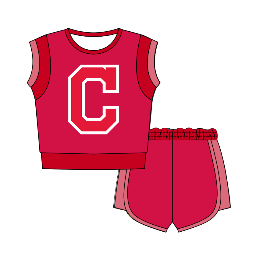 Custom moq 5 mix size milk silk summer teams Red  Sleeveless O-Neck Top And Shorts Set Cute And Comfortable Kids' Outfit