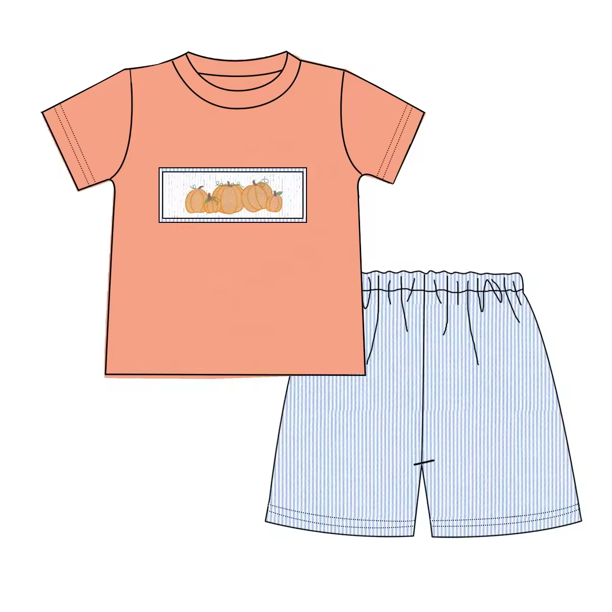5.21custom each style moq 5eta 4-5week Sibling Sister pumpkin print orange girls and boys outfits and baby romper match family design
