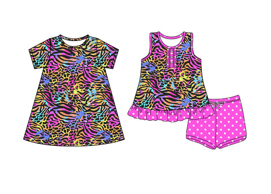 4.4 custom each style moq 5eta 4-6week Sibling Sister leopard baby girl short sleeve shorts sets and dresses match design