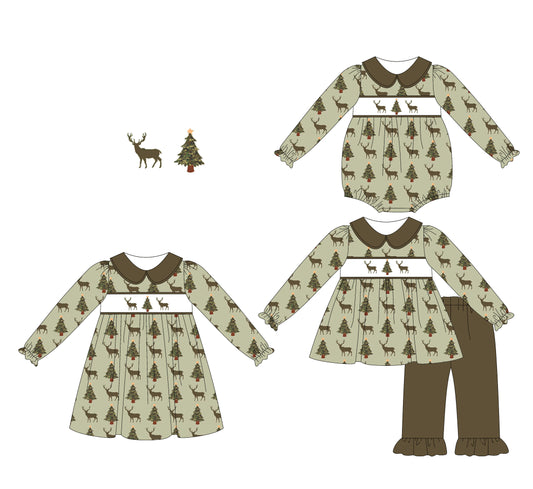 25.5.21 custom each style moq 5eta 4-6week Sibling Sisters Christmas trees deer baby girl long sleeve pants sets and dress and rompers match family design