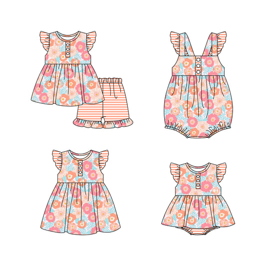 4.15 custom each style moq 5eta 4-6week Sibling Sisters floral baby girl short sleeve shorts sets and dress and rompers 1 and rompers 2 match family design