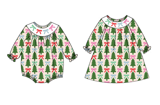25.6.14 custom each style moq 5eta 4-6week Sibling Sisters Christmas trees bow baby girl long sleeve dress and rompers match family design