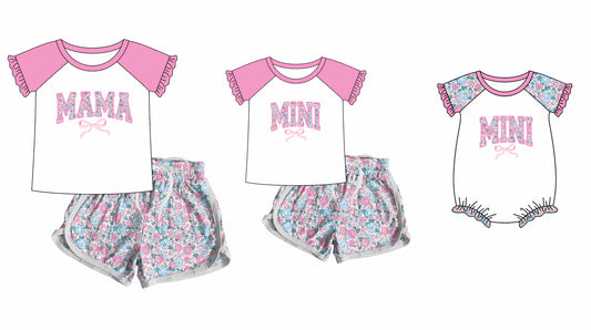 12.10 custom each style moq 5eta 4-6week Sibling Sister Mini floral baby girls short sleeve shorts sets and adult sets and romper match design