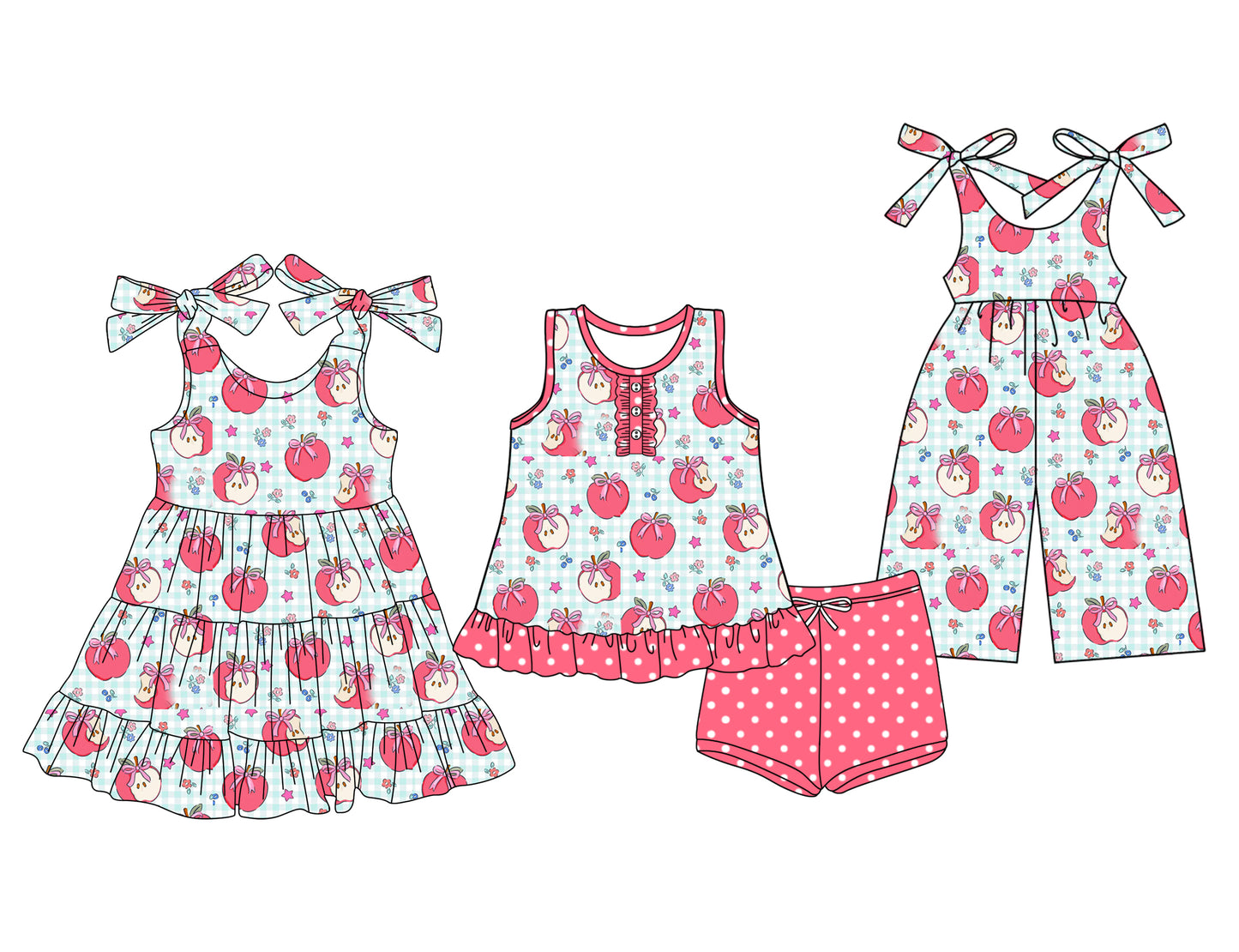 25.12.27 custom each style moq 5 eta 6-8week Sibling Sister apple bow baby short sleeve shorts sets and dress and jumpsuit match design