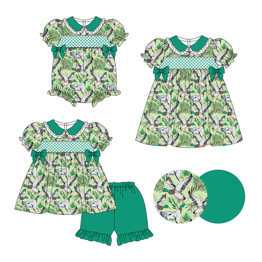 3.14 custom each style moq 5eta 4-6week Sibling Sisters duck baby girl short sleeve shorts sets and dress and rompers match family design