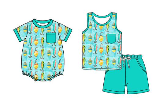 3.21 custom each style moq 5eta 4-6week Sibling Sister fishing baby boy short sleeve shorts sets and romper match design
