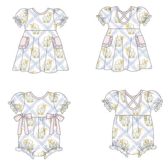 25.10.9 custom each style moq 8 eta 6-8week Sibling Sisters bunny basket baby girl short sleeve dress and romper match family design