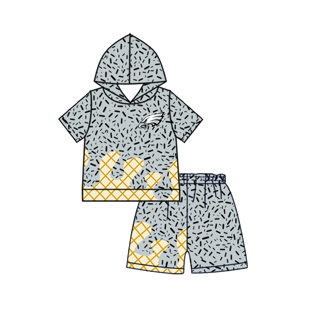 custom moq 5 mix size MSD072408 Baby Kids Sprinkles Drip Team Short Sleeve Hooded Top And Shorts Clothes Set