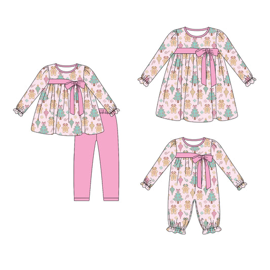 25.5.29 custom each style moq 5eta 4-6week Sibling Sisters Christmas trees baby girl long sleeve pants sets and dress and rompers match family design