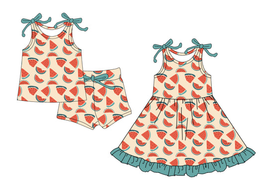 25.12.26 custom each style moq 5 eta 6-8week Sibling Sister watermelon baby short sleeve shorts sets and dress match design
