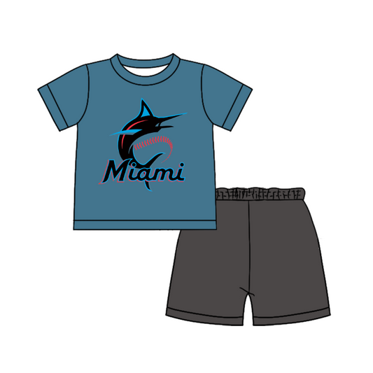 Custom moq 5 mix size milk silk summer teams Baby Boy's blue  Short-Sleeved O-Neck Top And solid color Shorts Set