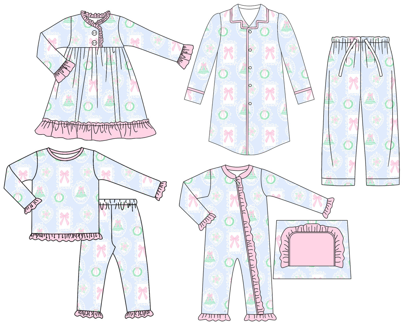 25.6.26 custom each style moq 5eta 4-6week Sibling Sisters Christmas bow baby girl long sleeve pants sets and adult top and adult pants and romper and dress match family design