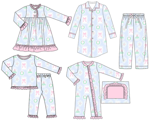 25.6.26 custom each style moq 5eta 4-6week Sibling Sisters Christmas bow baby girl long sleeve pants sets and adult top and adult pants and romper and dress match family design