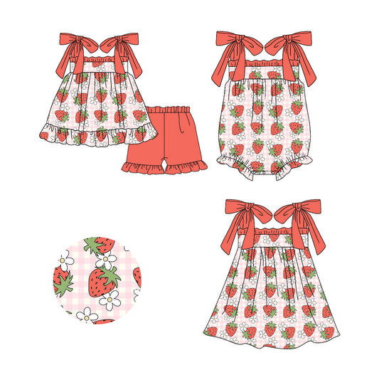 11.15 custom each style moq 5eta 4-6week Sibling Sister strawberry baby girl short sleeve shorts sets and dress and rompers match family design