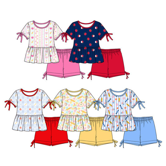 Custom moq 5 mix size Sibling Baby Girl Back To School Short-Sleeved Top And solid color Shorts Set Cute And Comfortable Clothing
