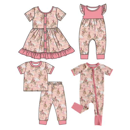 25.12.24 custom each style moq 5 eta 6-8week Sibling Sisters riding horse baby girl short sleeve pants sets and dress and rompers 2 match family design