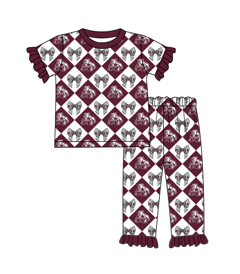 Custom moq 5 mix size Dark red  Plaid Baby Pajama Set Short-Sleeved Top And Trousers Comfortable Sleepwear for Baby Girls Clothing Team Set