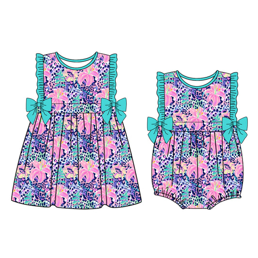 25.11.11 custom each style moq 5 eta 6-8week Sibling Sister floral pattern baby short sleeve romper and dress match design