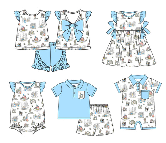 11.9 custom each style moq 5eta 4-6week Sibling Sister blue baby girl short sleeve shorts sets 1 and  sets 2 and girls romper and boy romper and dress match design