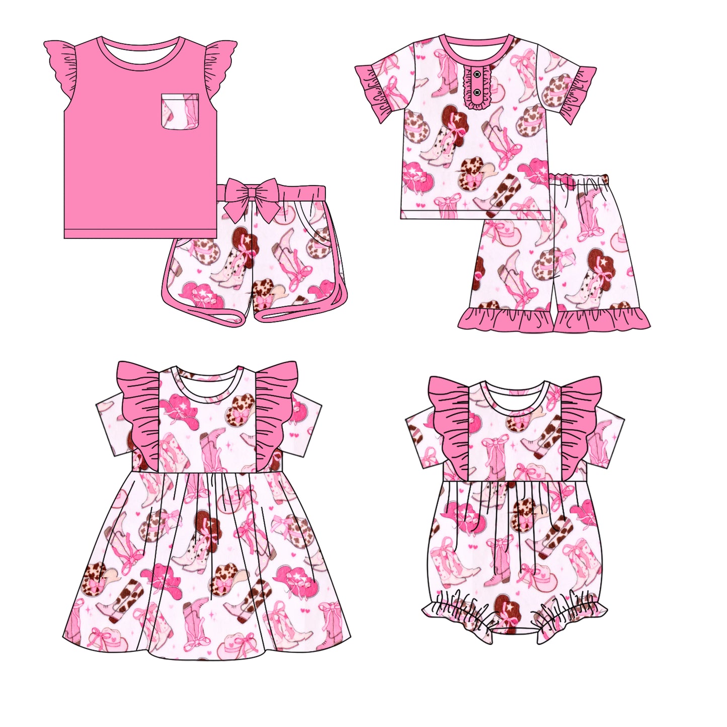 12.18 custom each style moq 5eta 4-6week Sibling Sister boot hat bow pink baby girl short sleeve shorts sets and sets 2 and girls romper and boy romper and dress match design